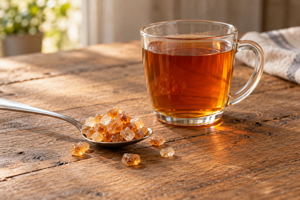 Golden rock sugar crystals on a spoon beside a glass of amber tea